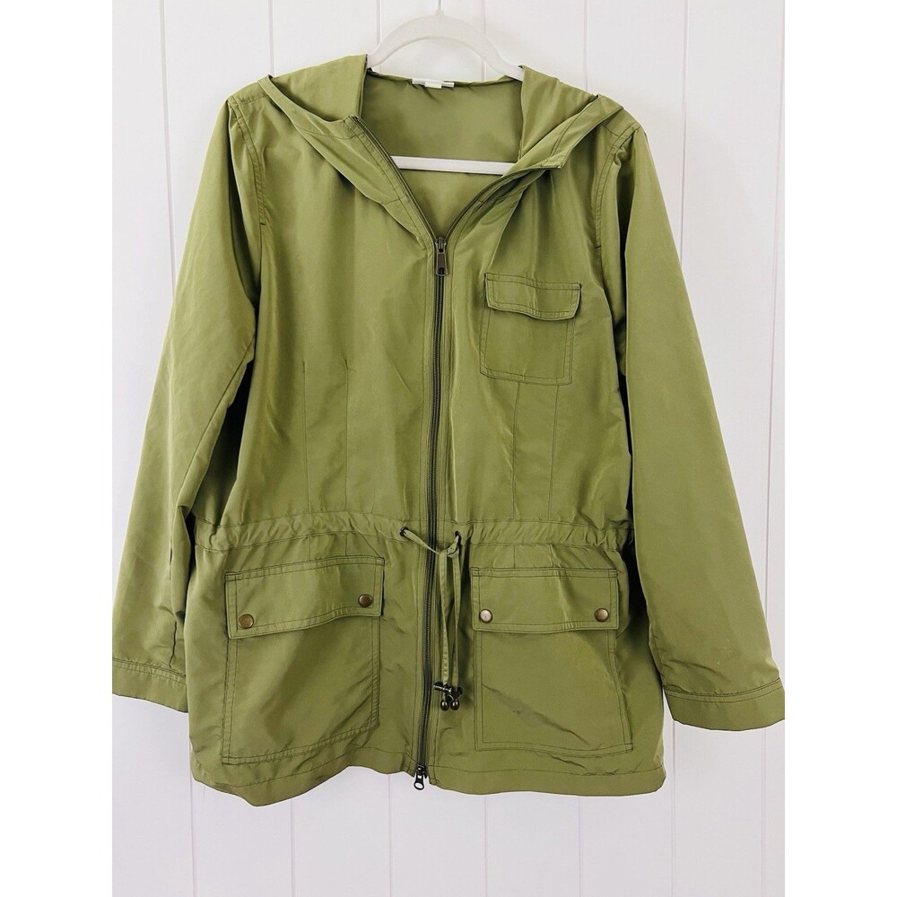 J Jill Olive Green Hooded Utility Windbreaker Drawstring Jacket Size Large